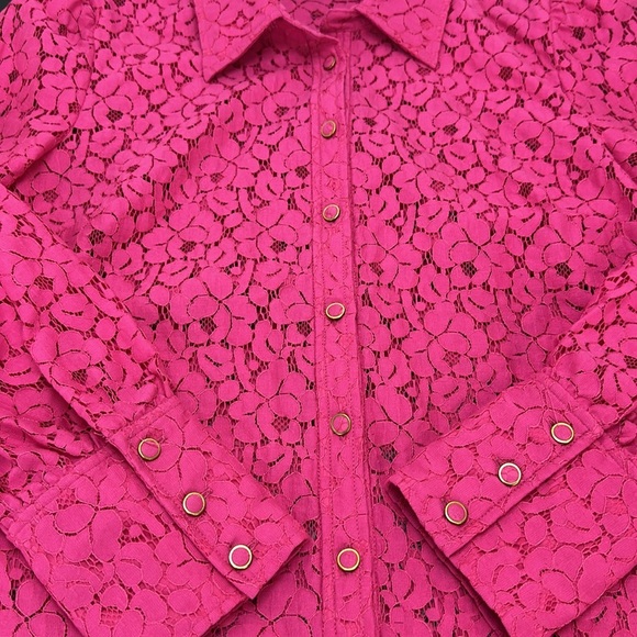 Milly Hot Pink All Over Lace Button Up Shirt Medium Puff Sleeve Semi Sheer - Picture 4 of 15